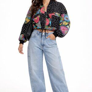 Retro 80/90s Bold Colorful Polka Dot Floral Sequin Bomber Jacket Women Small